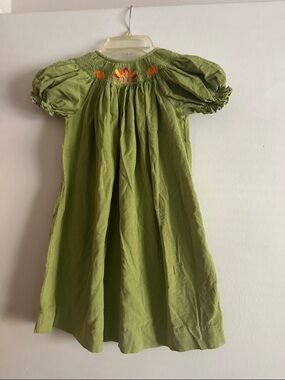 Girls' Olive Green Puff Sleeve Dress with Embroidered Yoke